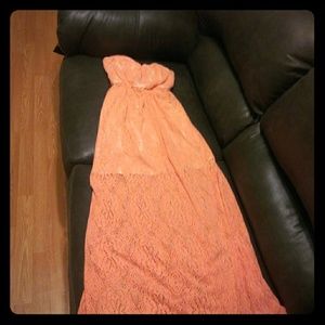 Coral strapless maxi dress